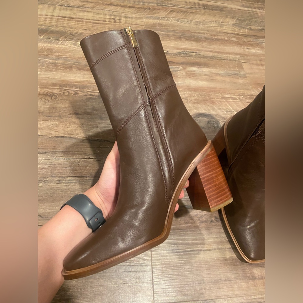Classic Brown Leather Block Heel Mid-Calf Boots - Picture 6 of 11